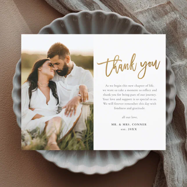 Budget Gold Script 2 Photo Wedding Thank You Card | Zazzle