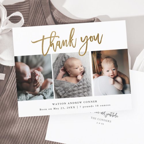 Budget Gold Script 3 Photo Baby Thank You Card