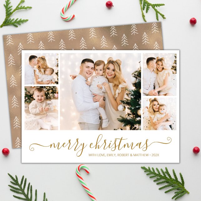 Budget Gold Script 5 Photo Collage Christmas Card (Creator Uploaded)