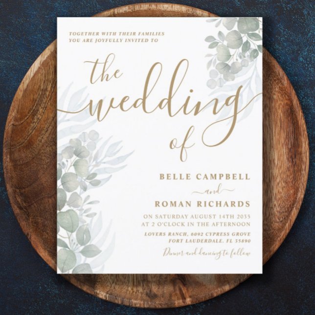 Budget Gold Script & Eucalyptus Wedding Invitation (Creator Uploaded)