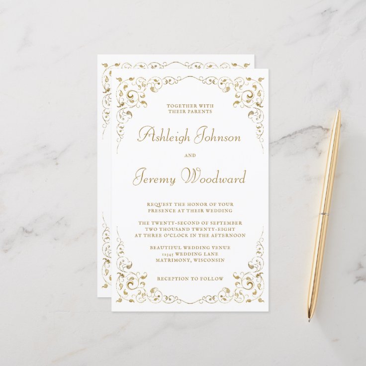 Budget Gold Script Foliage Wedding Invitation | Zazzle