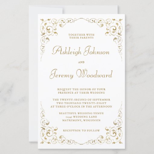 Budget Gold Script Foliage Wedding Invitation 