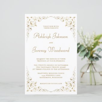 Budget Gold Script Foliage Wedding Invitation | Zazzle