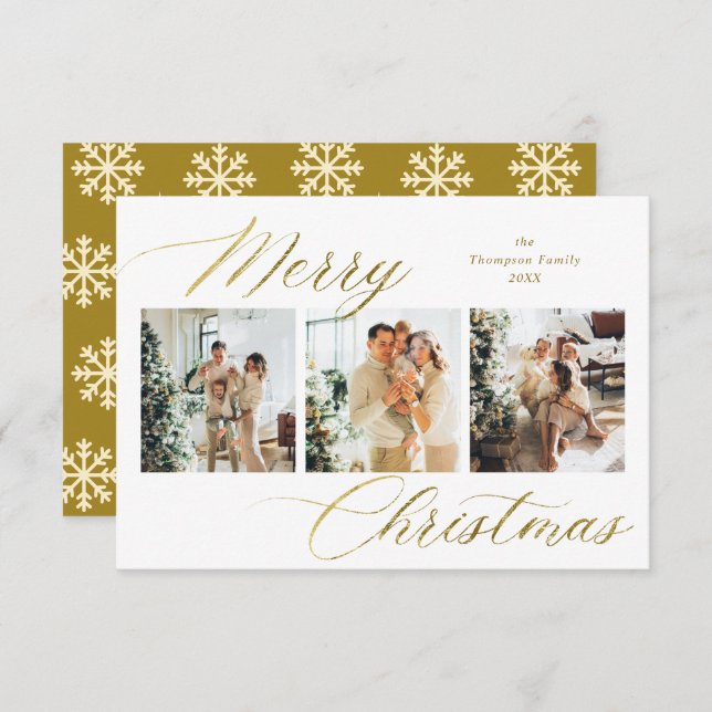 Budget Gold Script Merry Christmas Photo Collage Note Card (Front/Back)