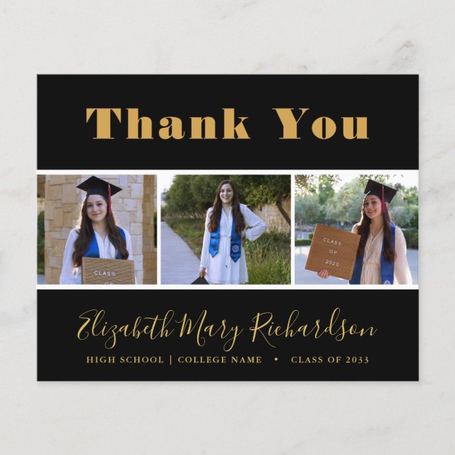 BUDGET Gold Script Modern 3 Photo Grad Thank You Flyer (Front)