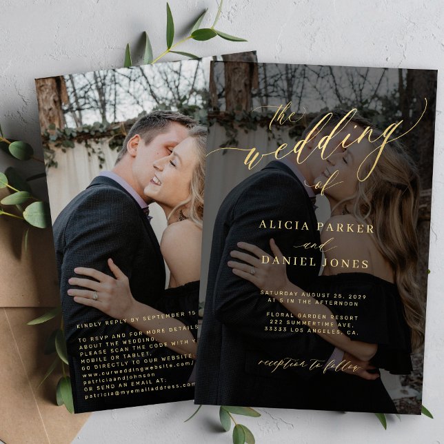 Budget gold script QR photo wedding invitation (Creator Uploaded)