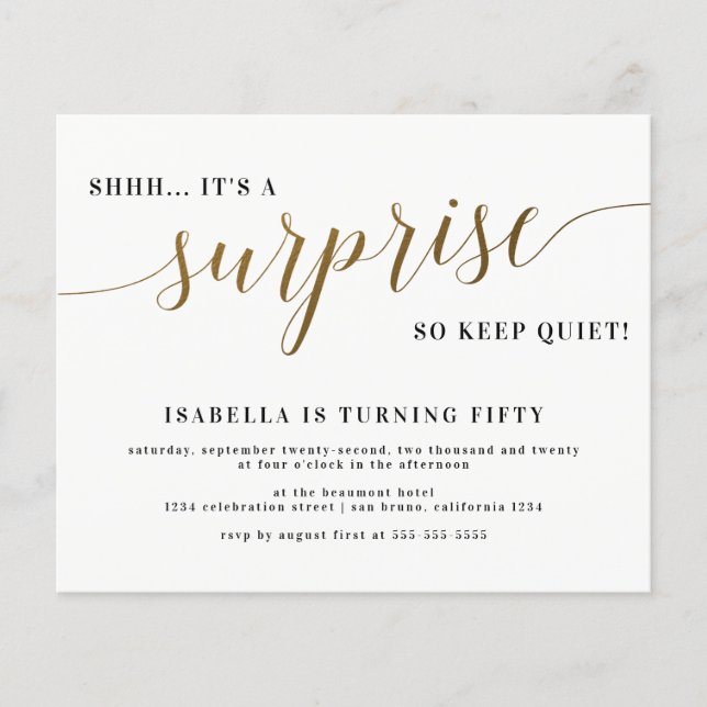 Budget Gold Script Surprise Birthday Party Invite (Front)