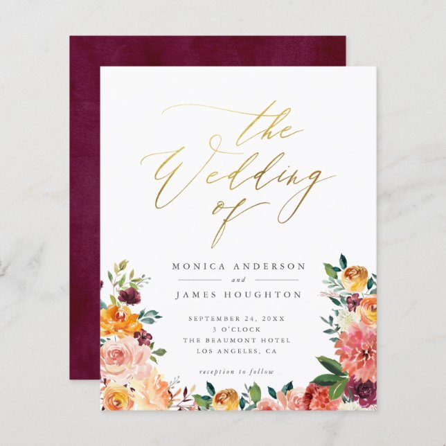 Budget Gold Script Watercolor Floral Wedding (Front/Back)