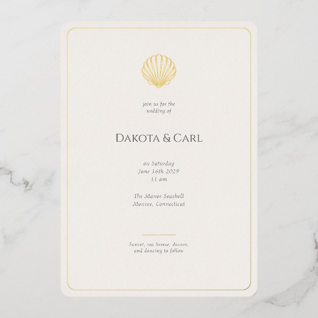 Budget Gold Seashell All-in-One Wedding invitation Foil Invitation (Front)