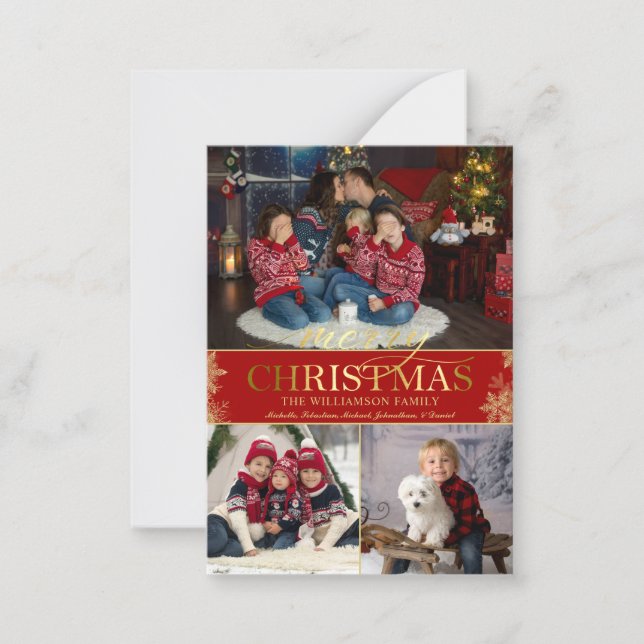 Budget Gold Snowflake 3 Photo Merry Christmas Card (Front)