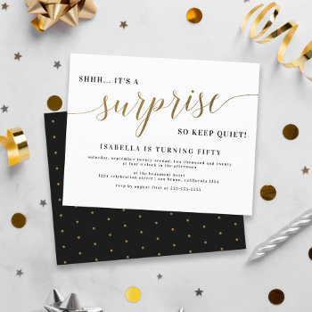 Budget Gold Stylish Script Surprise Birthday Party by Eugene_Designs at Zazzle