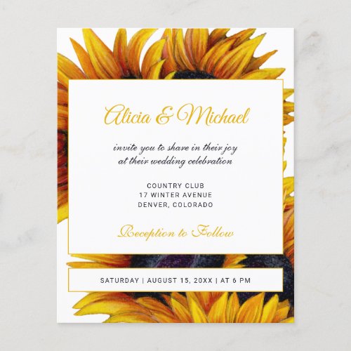 Budget gold sunflowers modern wedding invitation