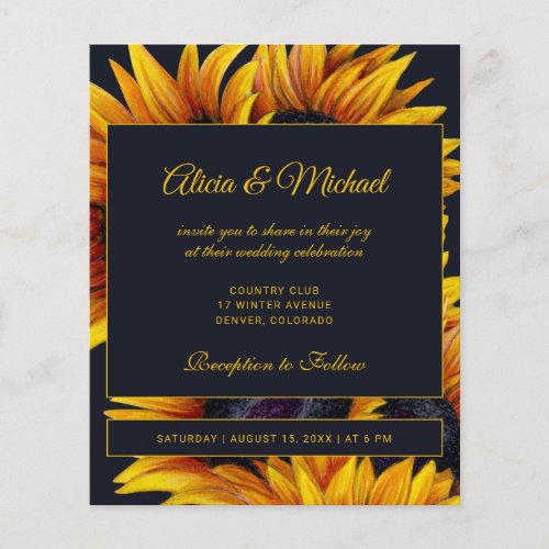 Budget gold sunflowers modern wedding invitation