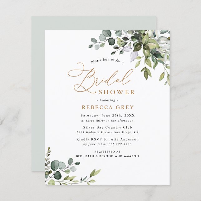 Budget Gold Text Greenery Bridal Shower Invitation (Front/Back)