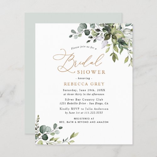 Budget Gold Text Greenery Bridal Shower Invitation