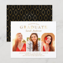 Budget Gold Three Photo Graduation Invitation