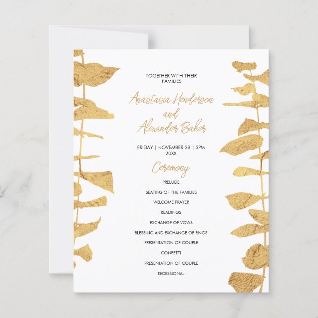 Budget Gold Wedding Program card. (Front)