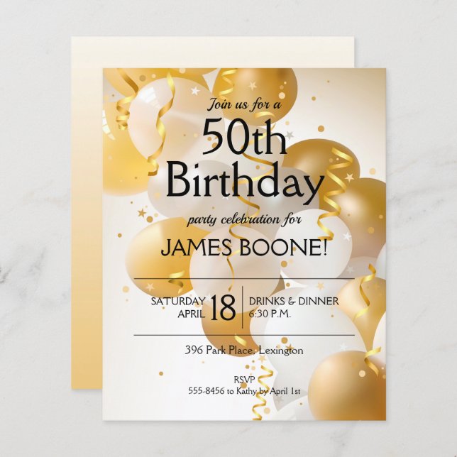 Budget Gold White Balloons Birthday Invitations (Front/Back)