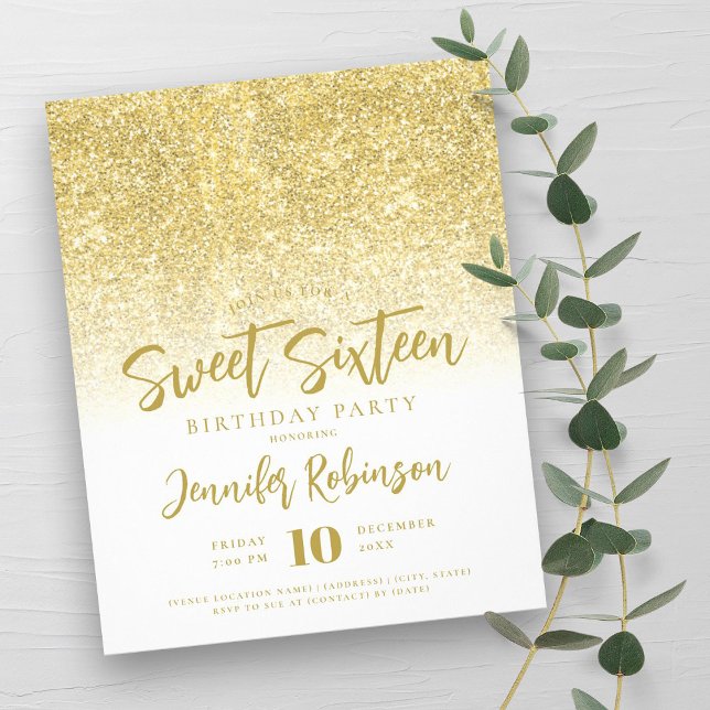 Budget Gold White Glitter Sweet 16 Invite Flyer (Budget Gold White Glitter Sweet 16 Invite Flyer)