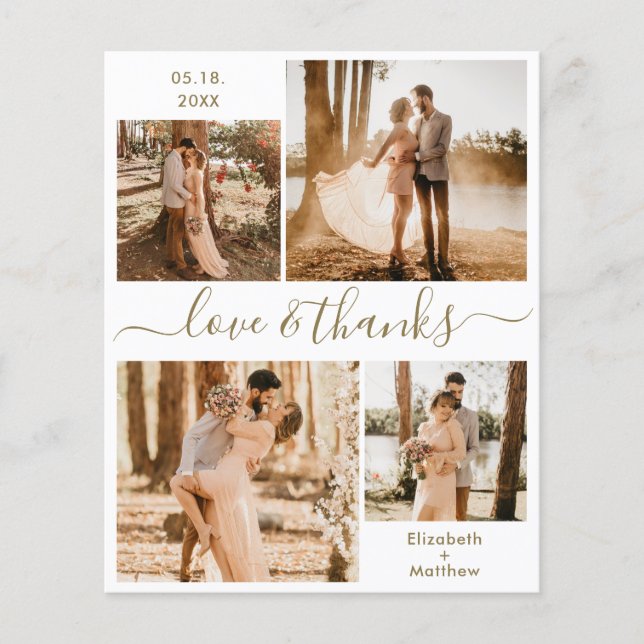Budget Gold White Photo Collage Wedding Thank You  (Front)