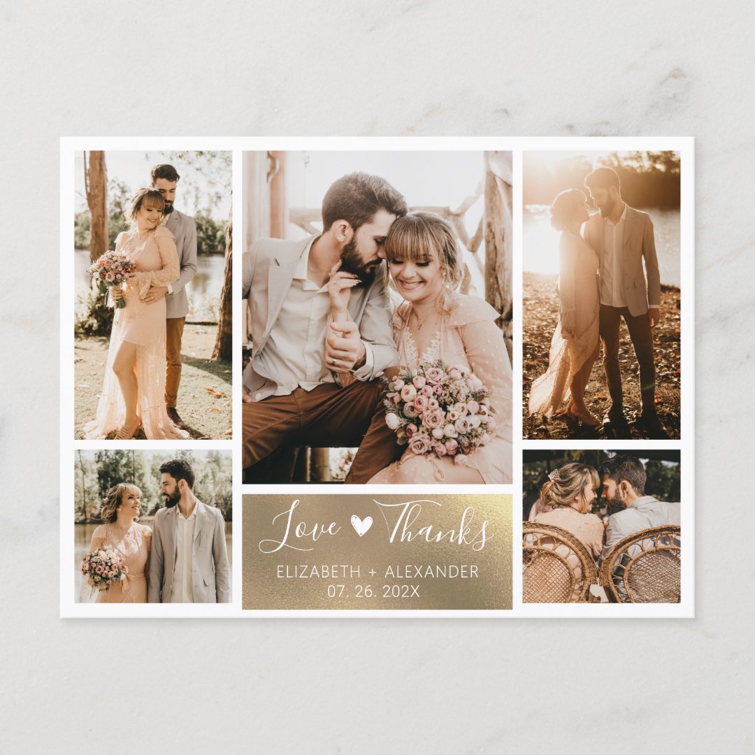 Budget Gold White Photo Collage Wedding Thank You Postcard | Zazzle