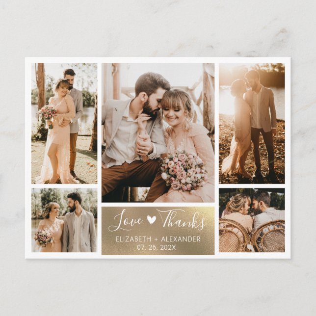 Budget Gold White Photo Collage Wedding Thank You Postcard (Front)