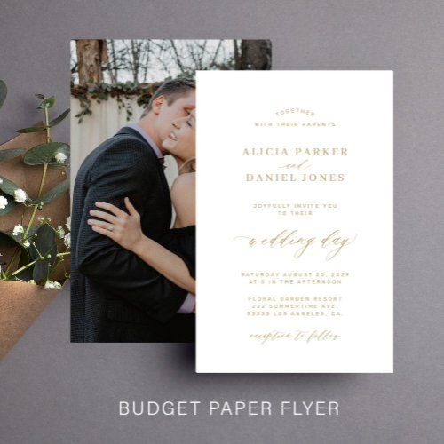 Budget gold white photo wedding invitation flyer