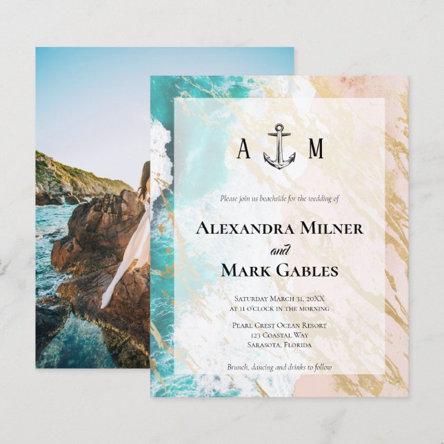 Budget Golden Beach Anchor Photo Wedding Invite (Front/Back)