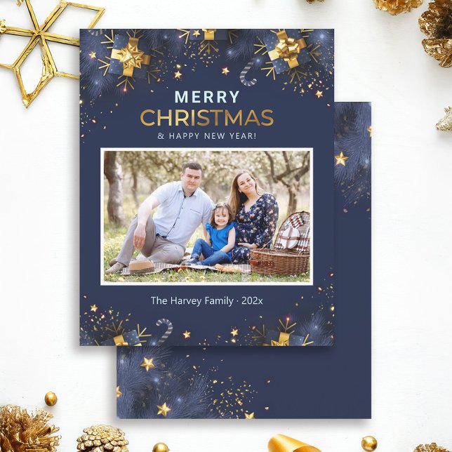 Budget Golden Blue Merry Christmas Photo Card (Creator Uploaded)