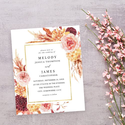 Budget Golden Burgundy Blush Pink Floral Wedding 2 Flyer