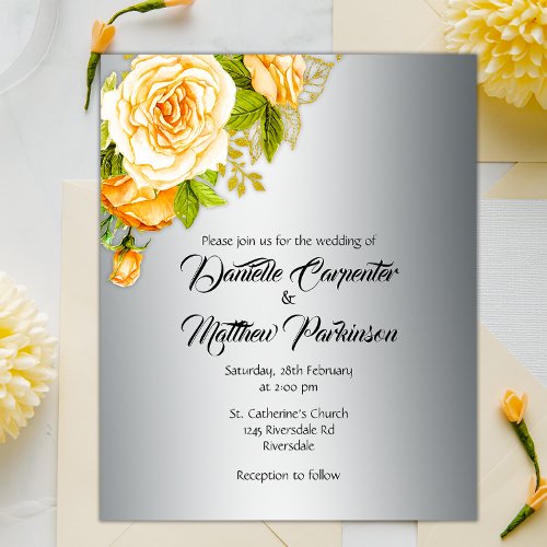 Budget Golden Roses on Silver Wedding Invitation Flyer