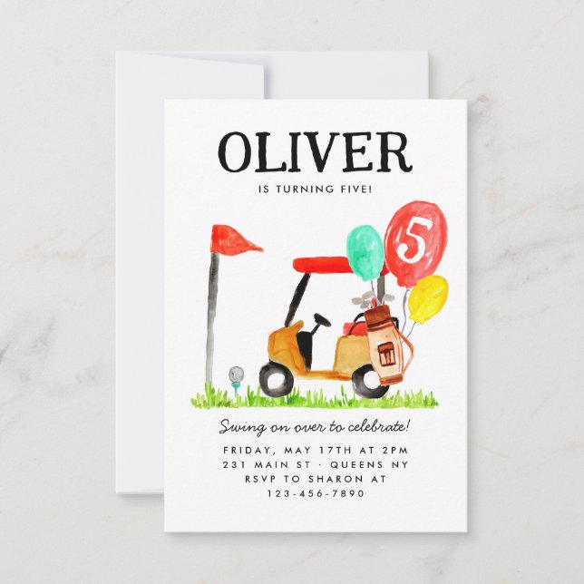 Budget Golf Cart Bag Balloon Kids Golfer Birthday Note Card (Front)