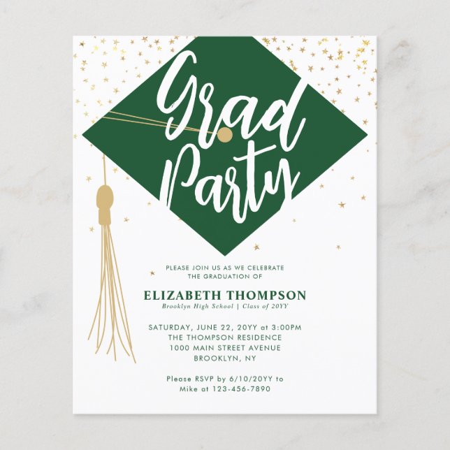 Budget GRAD Cap Green Gold Graduation Party Invite (Front)