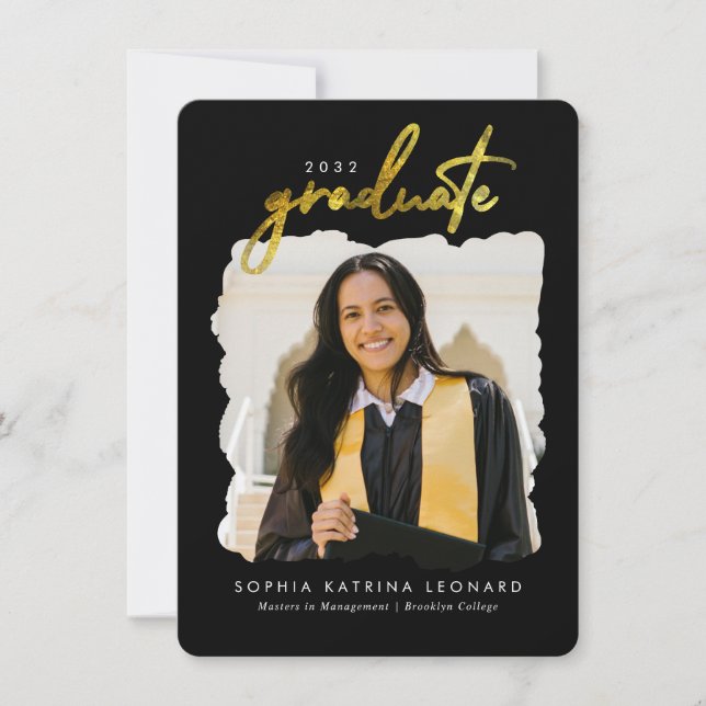 Budget Graduate Script Gold Photo Graduation Note Card (Front)