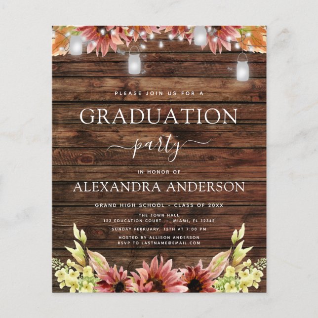 Budget Graduation 2023 Rustic Wood Sunflower (Front)