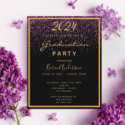 BUDGET Graduation 2024 party black gold invitation