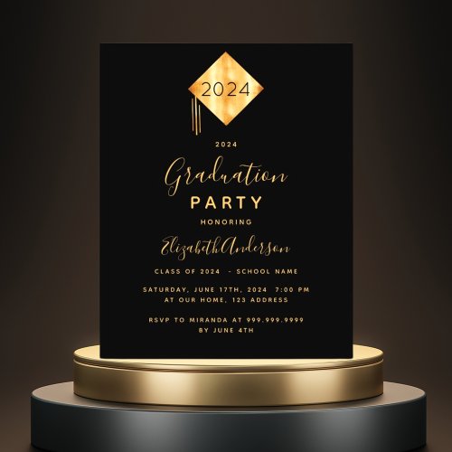 Budget Graduation 2024 party black gold invitation