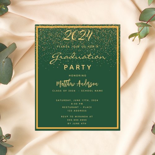 Budget Graduation 2024 party green gold invitation