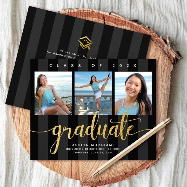 Budget graduation black gold 3 photo invitation (Creator Uploaded)