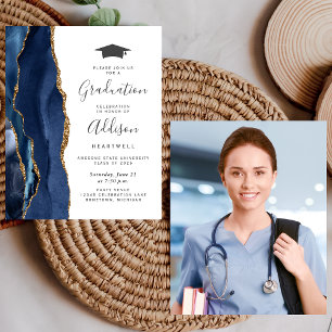Budget Graduation Blue Gold Agate Photo Invite