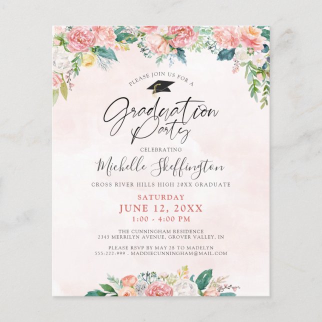 Budget Graduation Elegant Floral Script Invitation (Front)