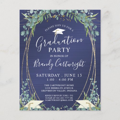 Budget Graduation Navy Blue Botanical Invitation