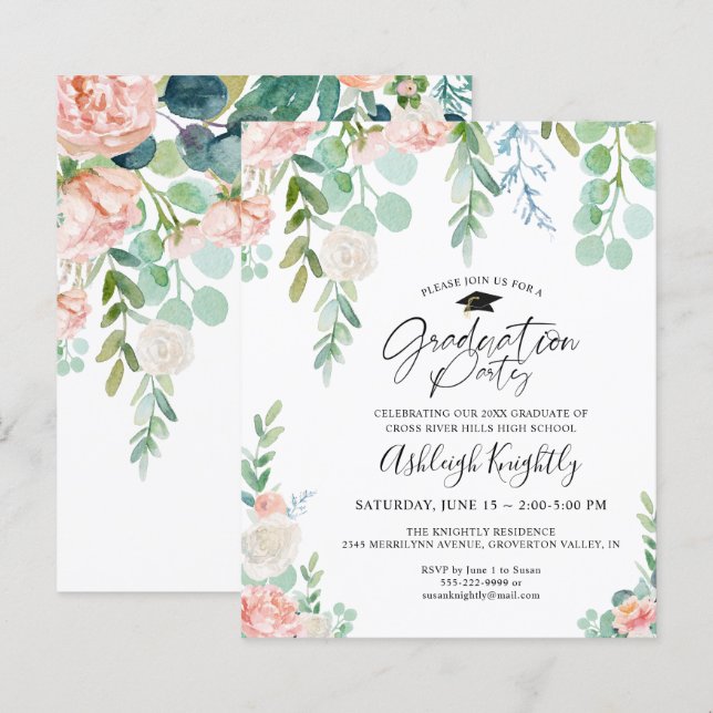 Budget Graduation Party Floral Script Invitation (Front/Back)