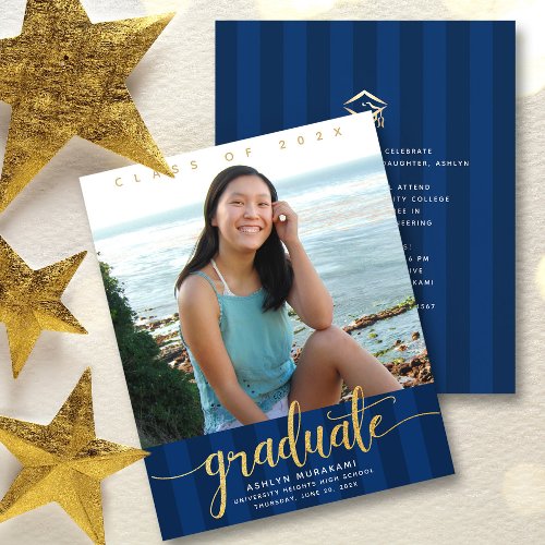 Budget graduation photo navy blue gold invitation 