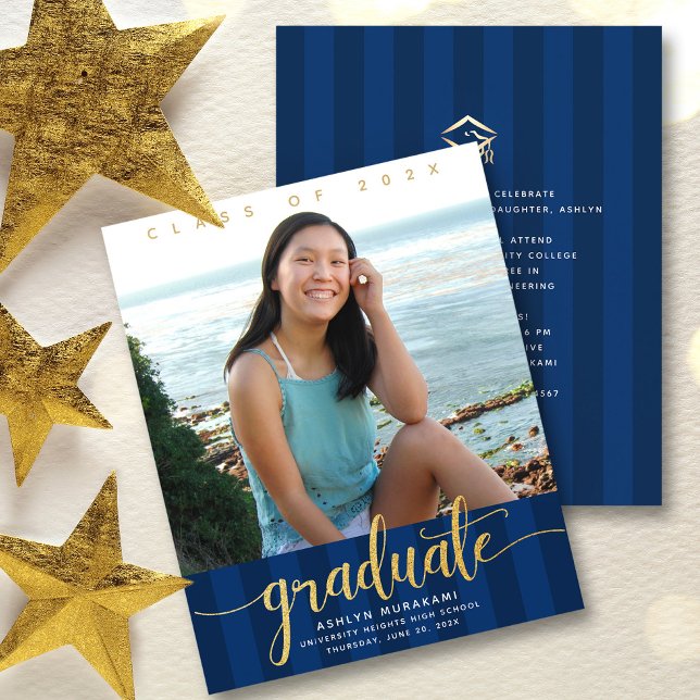 Budget graduation photo navy blue gold invitation  (Creator Uploaded)