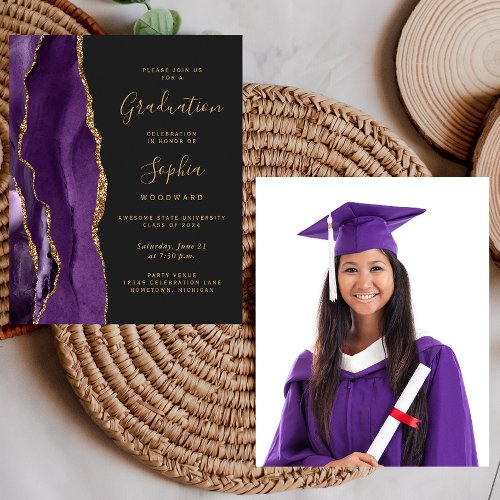 Budget Graduation Photo Purple Gold Agate Invite