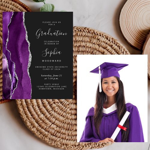 Budget Graduation Photo Purple Silver Agate Invite