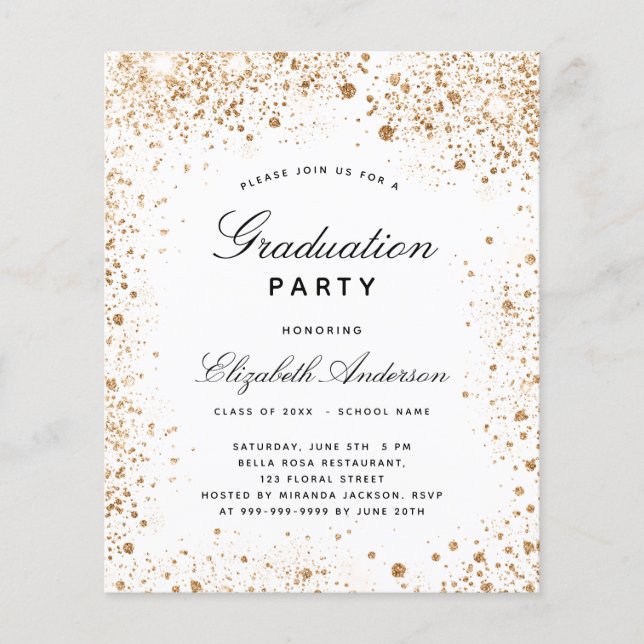 Budget graduation white gold glitter invitation (Front)