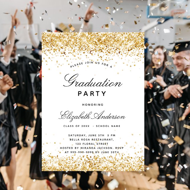 Budget graduation white gold glitter invitation (Creator Uploaded)