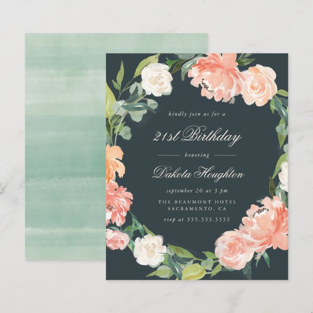 Budget Gray Blush Watercolor Floral Birthday Party (Front/Back)